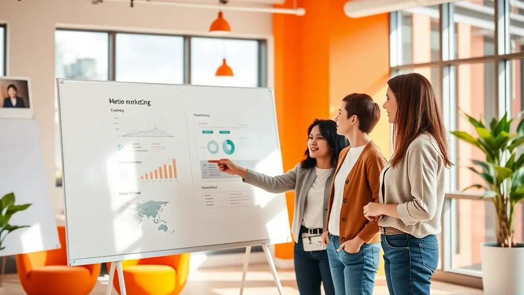 A group of marketing professionals collaborating on a project in a modern office setting, with orange highlights.