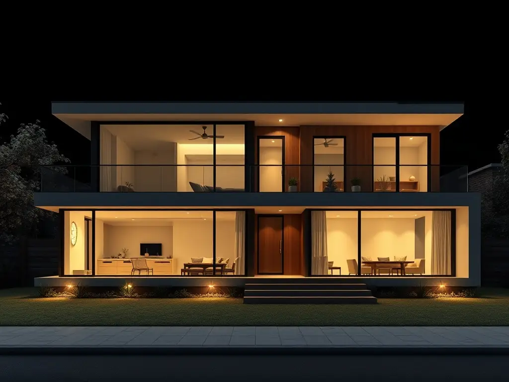A professional image of a modern house with energy-efficient features, representing energy consulting and certification services