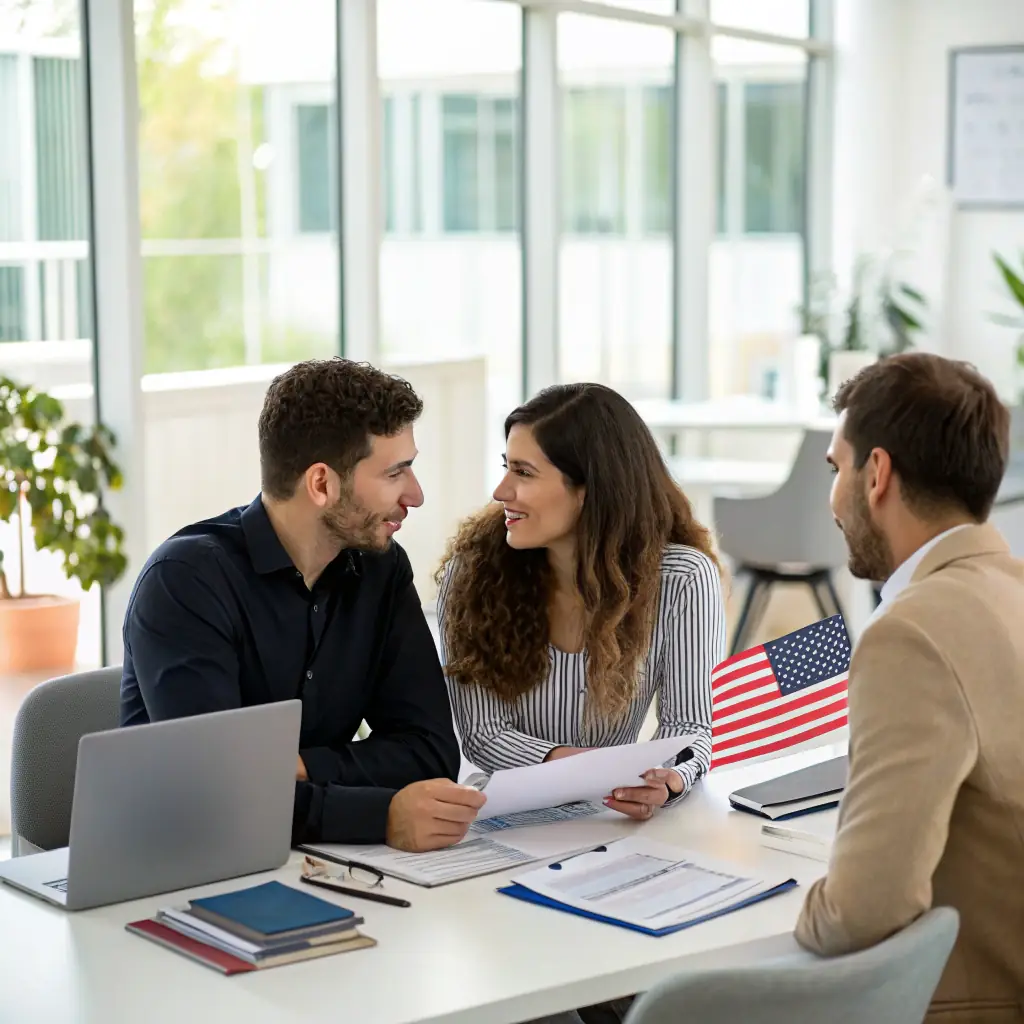 A concerned couple reviewing documents with a consultant, highlighting the importance of accurate document preparation for international IVF treatment in Tbilisi, Georgia.