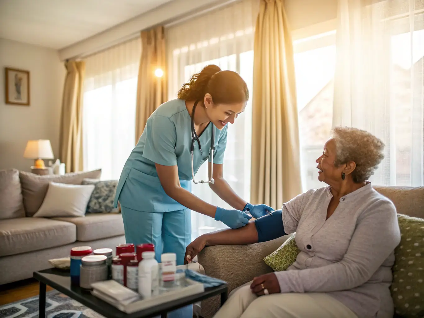 A nurse drawing blood from a patient in their home.