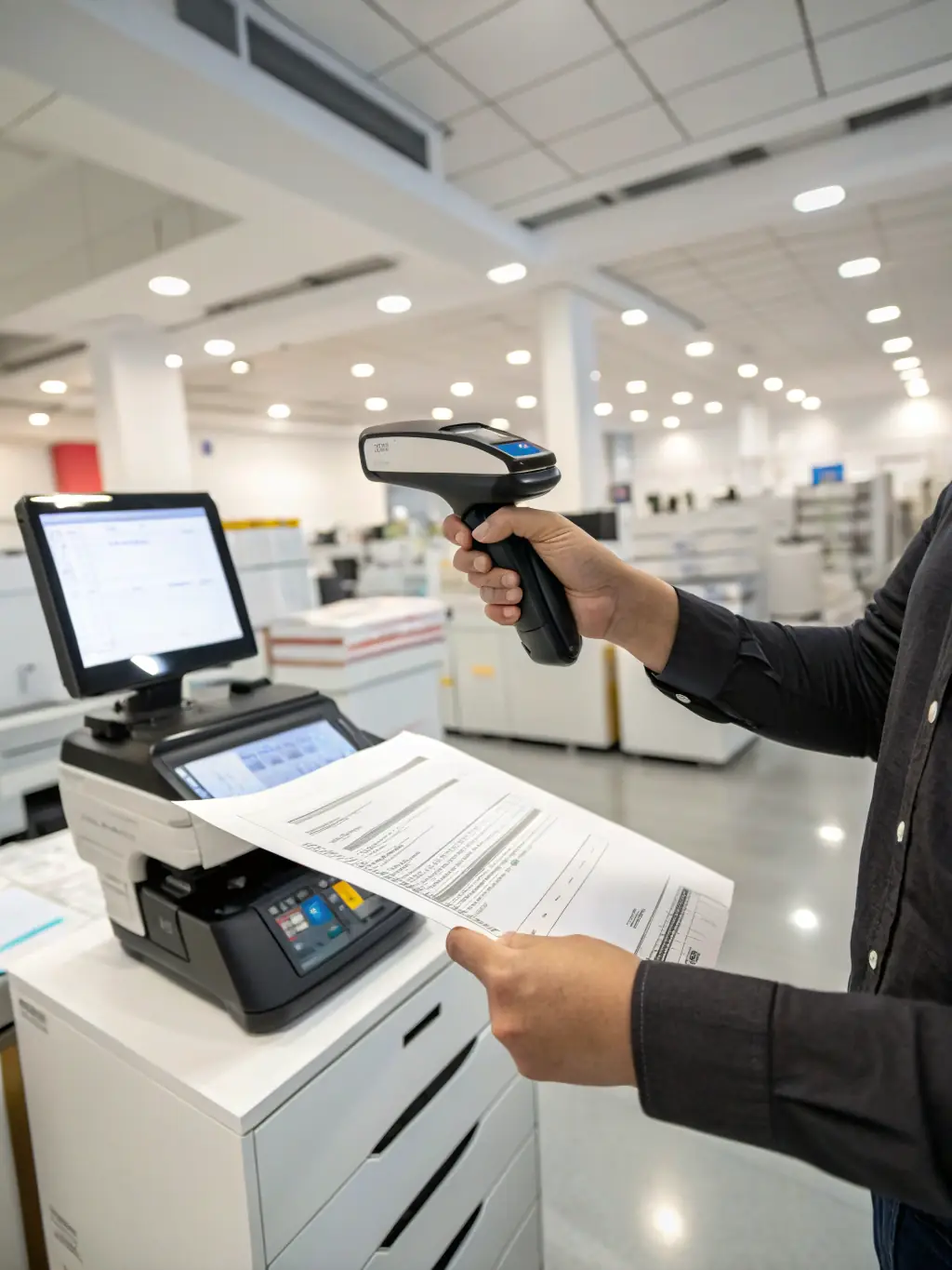 A supportive hand guiding a document through a scanner, representing Trustpoint's guidance through the submission process.