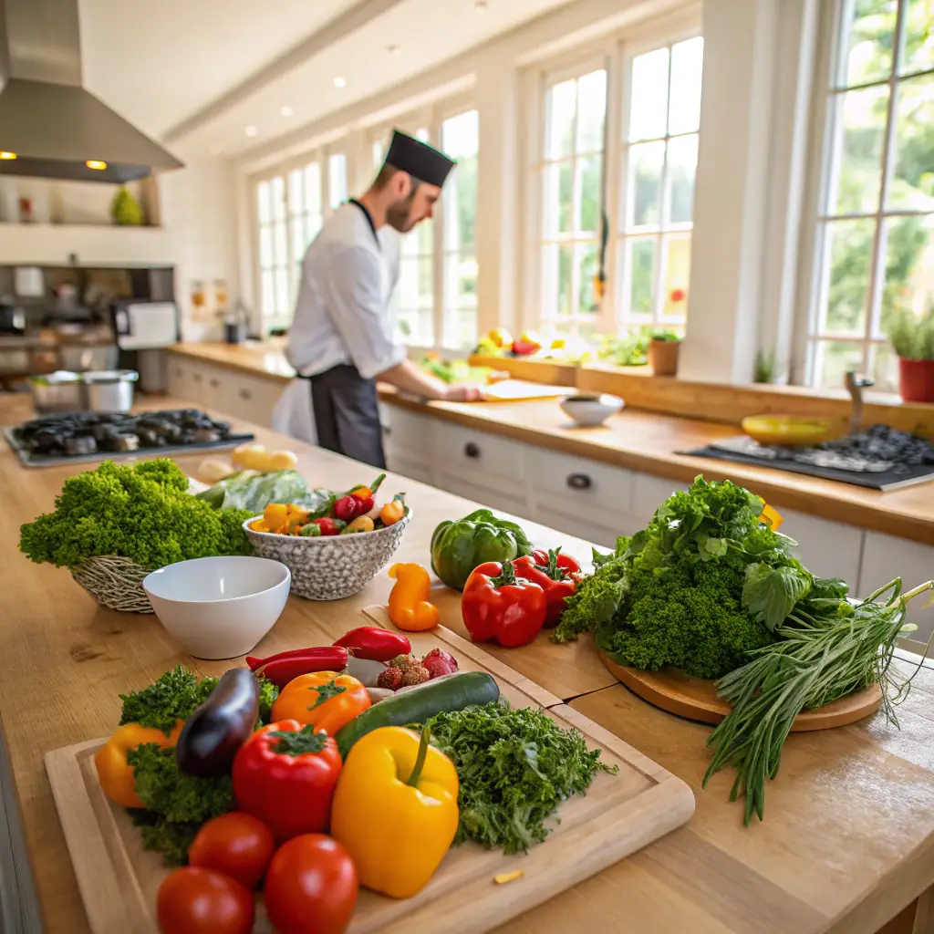 A serene villa kitchen overlooking Lake Vembanad, with a chef demonstrating the preparation of chicken curry, showcasing fresh ingredients and traditional cooking methods.