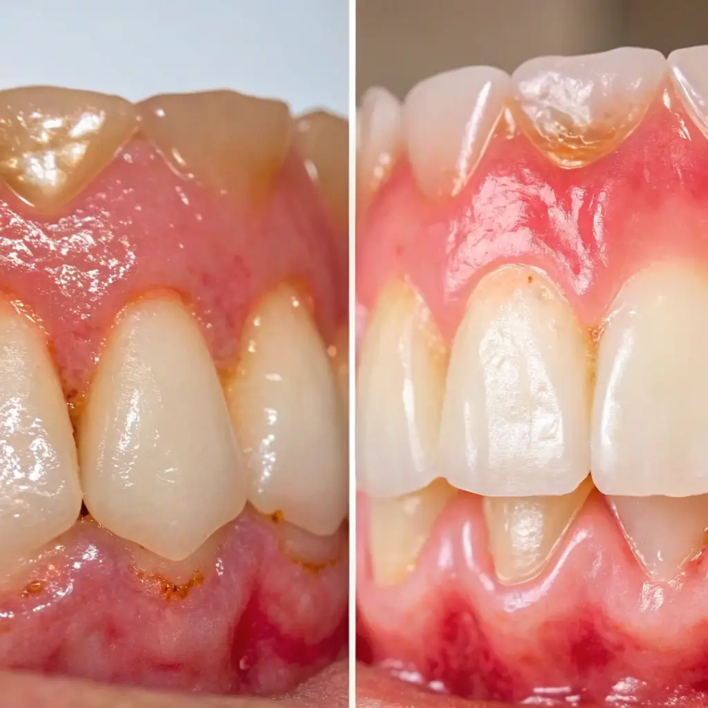 A close-up shot of healthy gums versus inflamed gums, illustrating the visual differences that patients might notice.