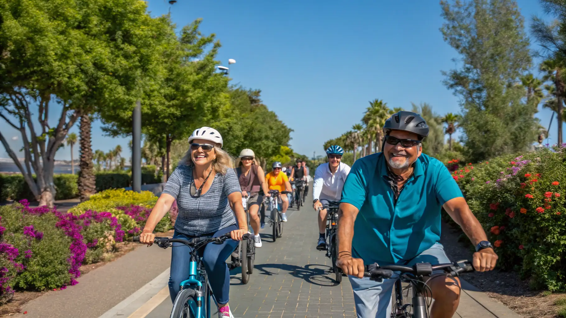 A diverse group of cyclists riding together in a scenic outdoor setting, symbolizing inclusion and community engagement