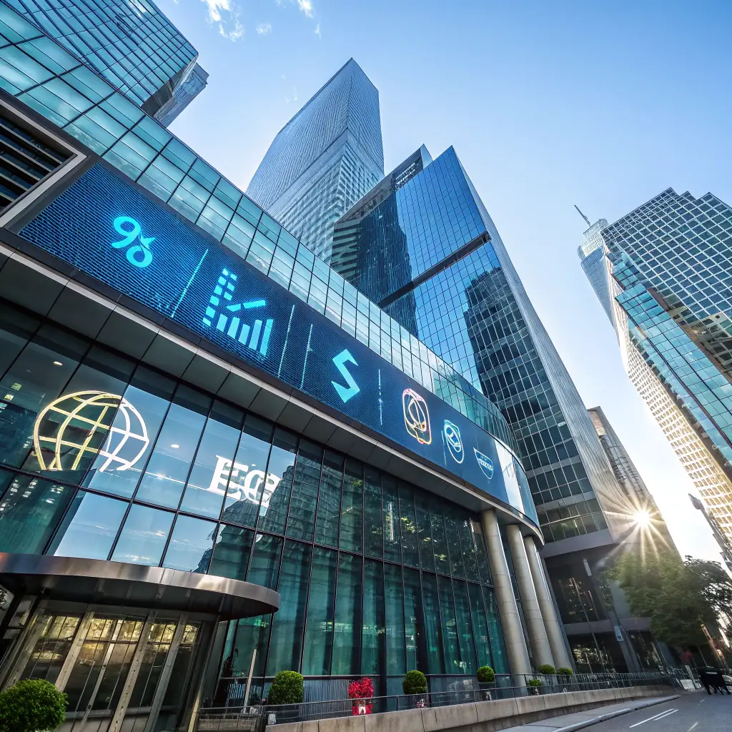 A modern office building with the LF Finans logo prominently displayed, taken from a slightly low angle to emphasize the building's height and stability. The sky is clear and blue, symbolizing trust and reliability.
