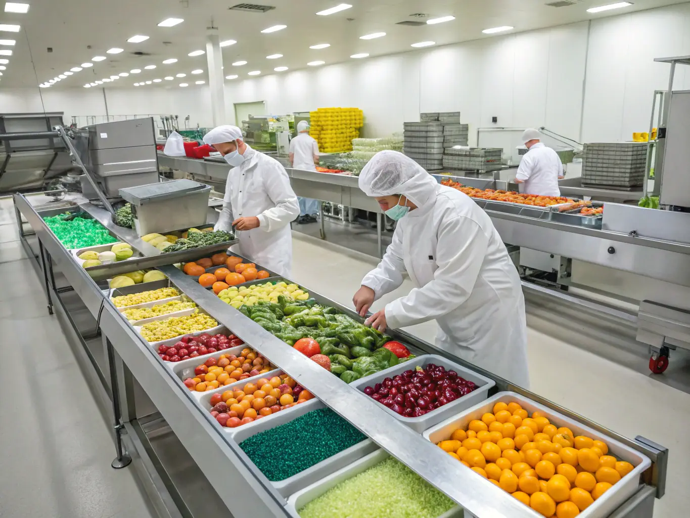 A diverse group of people working together in a food production facility, inspecting produce and ensuring quality control.