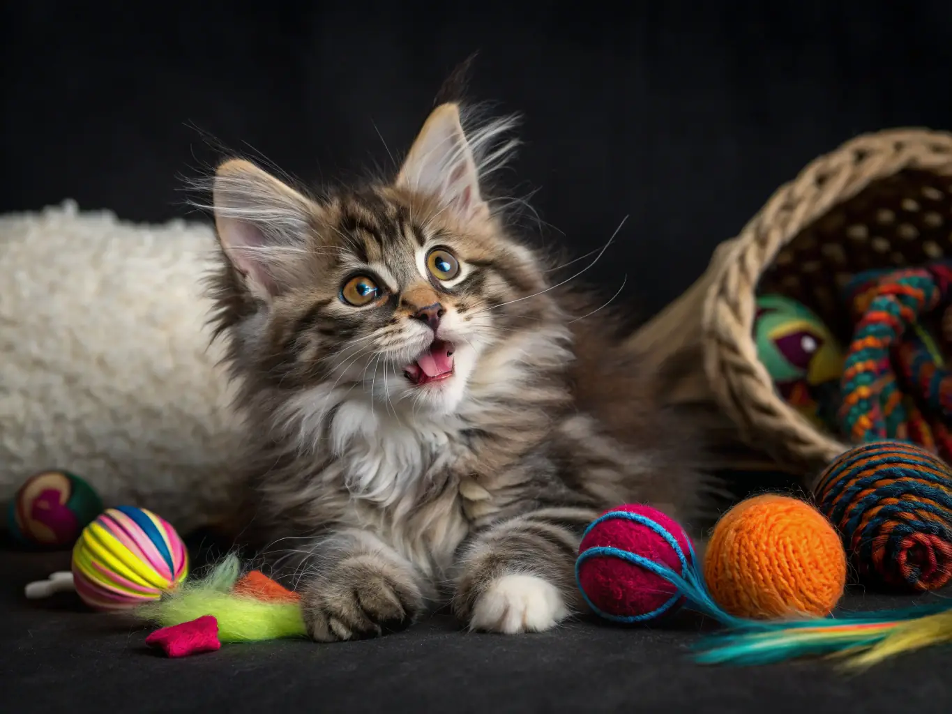 A fluffy Maine Coon kitten playing with a toy in a cozy cattery environment.