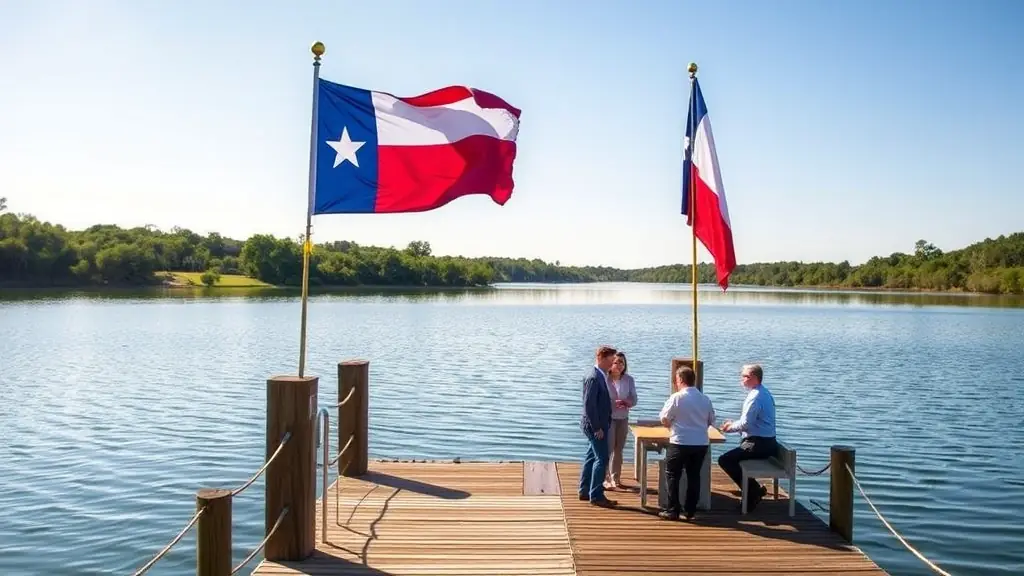 A Texas Bunker MEETING on Knights Bluff in Atlanta State Park in Atlanta, Texas, with a view of the lake has a latitude of 33.23156 and a longitude of -94.26779, WITH TEXAS FLAGS ON A DOCK OFF THE BLUFF. OMEGAQUBE headquarters and with R2 D2 & ORM GURUS AND THE AI ROBOT TEAM