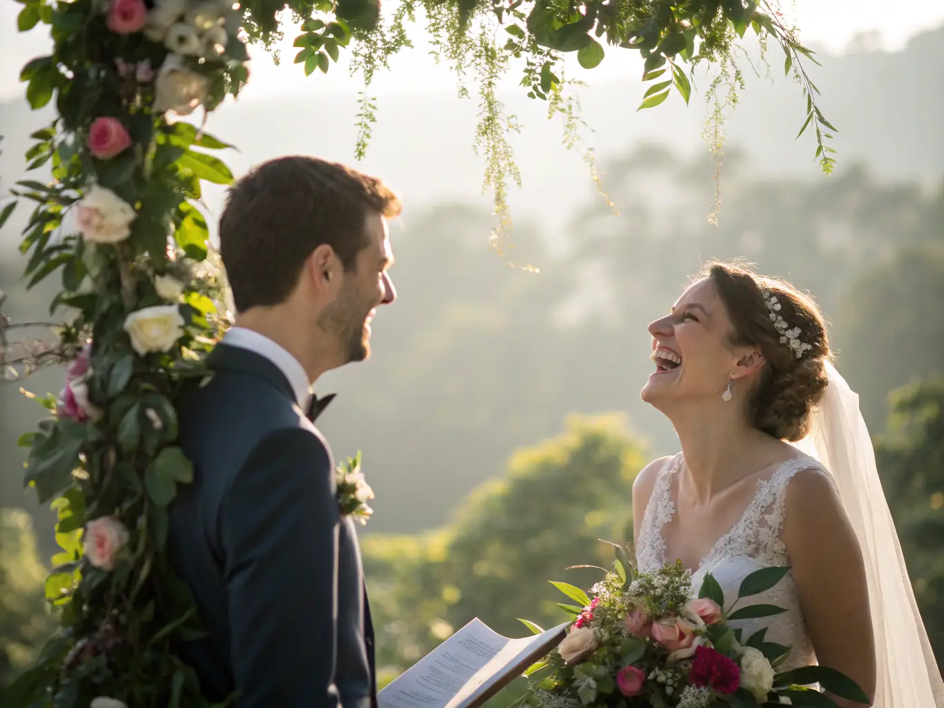 A wide, cinematic shot of a joyful wedding couple, captured in a natural, golden-hour light, showcasing INSE Photography's warm and timeless style. The background should feature a blurred, picturesque landscape of Surrey or London.