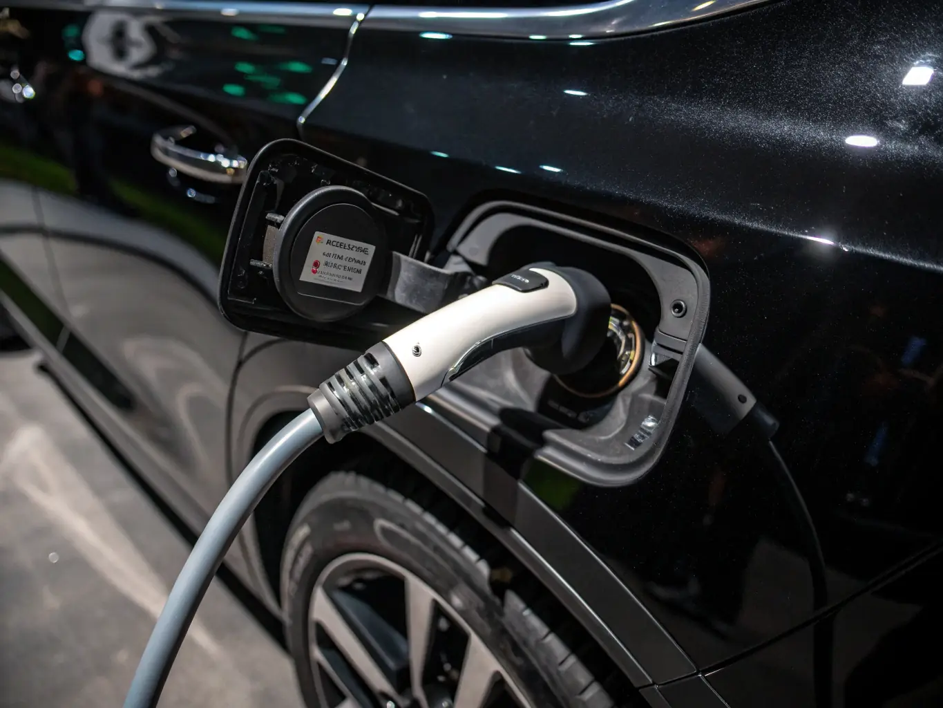 A close-up of a modern EV charger installed on a residential wall, connected to an electric car.