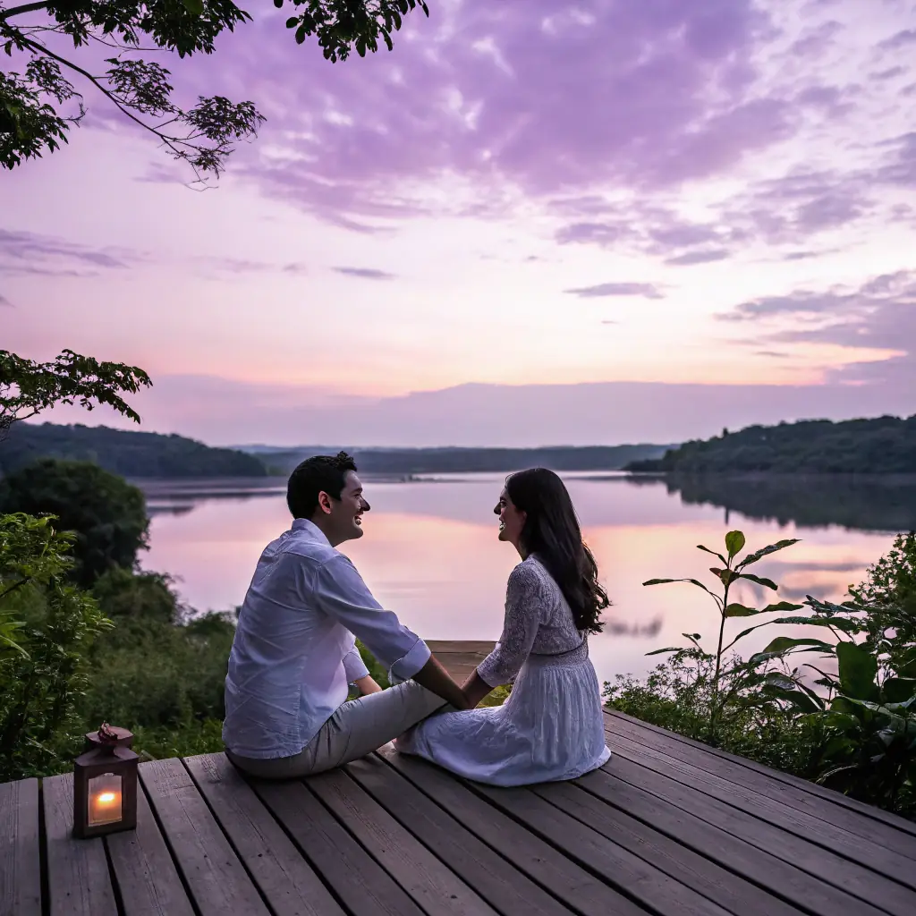 A high-quality photograph of a couple enjoying a sunset view from a luxury resort in the Maldives, showcasing the beauty and exclusivity of Travel By Tillery's high-end travel offerings.