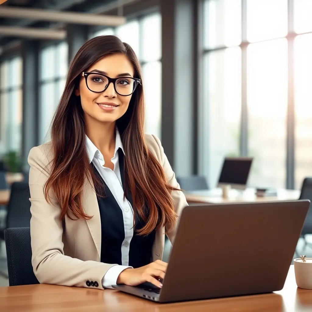 Mariana is a young woman with long brown hair and glasses, wearing a smart casual outfit.