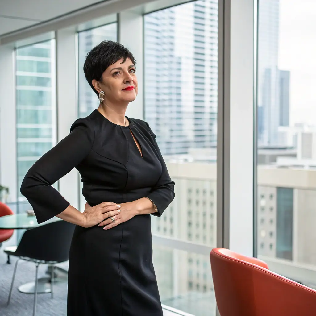 Isabela is a woman with short black hair and a serious expression, wearing a professional blazer.