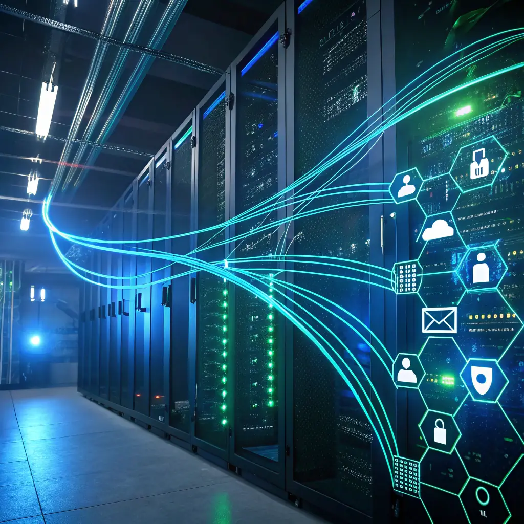 An abstract image representing a secure data flow, with a human figure overseeing the process, symbolizing control and security in a hybrid AI system for DHC Offshore.