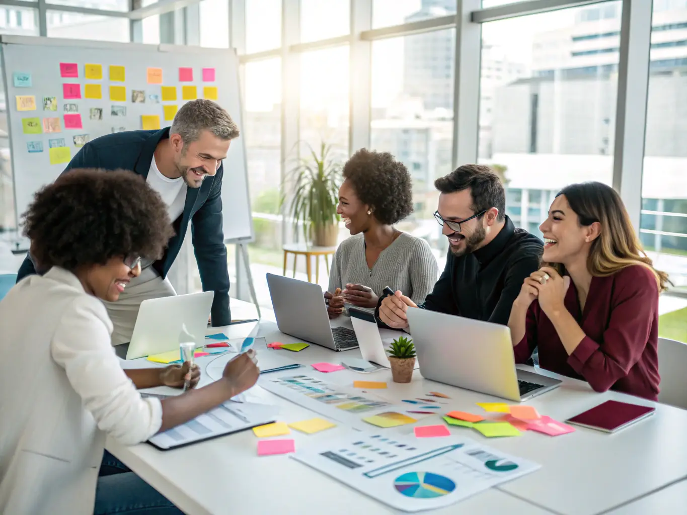 A visual of a team collaborating on digital marketing strategies in a modern office environment.