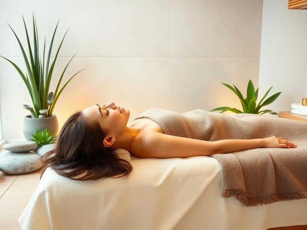 A person relaxing under LED light therapy, with a serene expression, in a spa setting. The light is soft and calming, highlighting the skin.