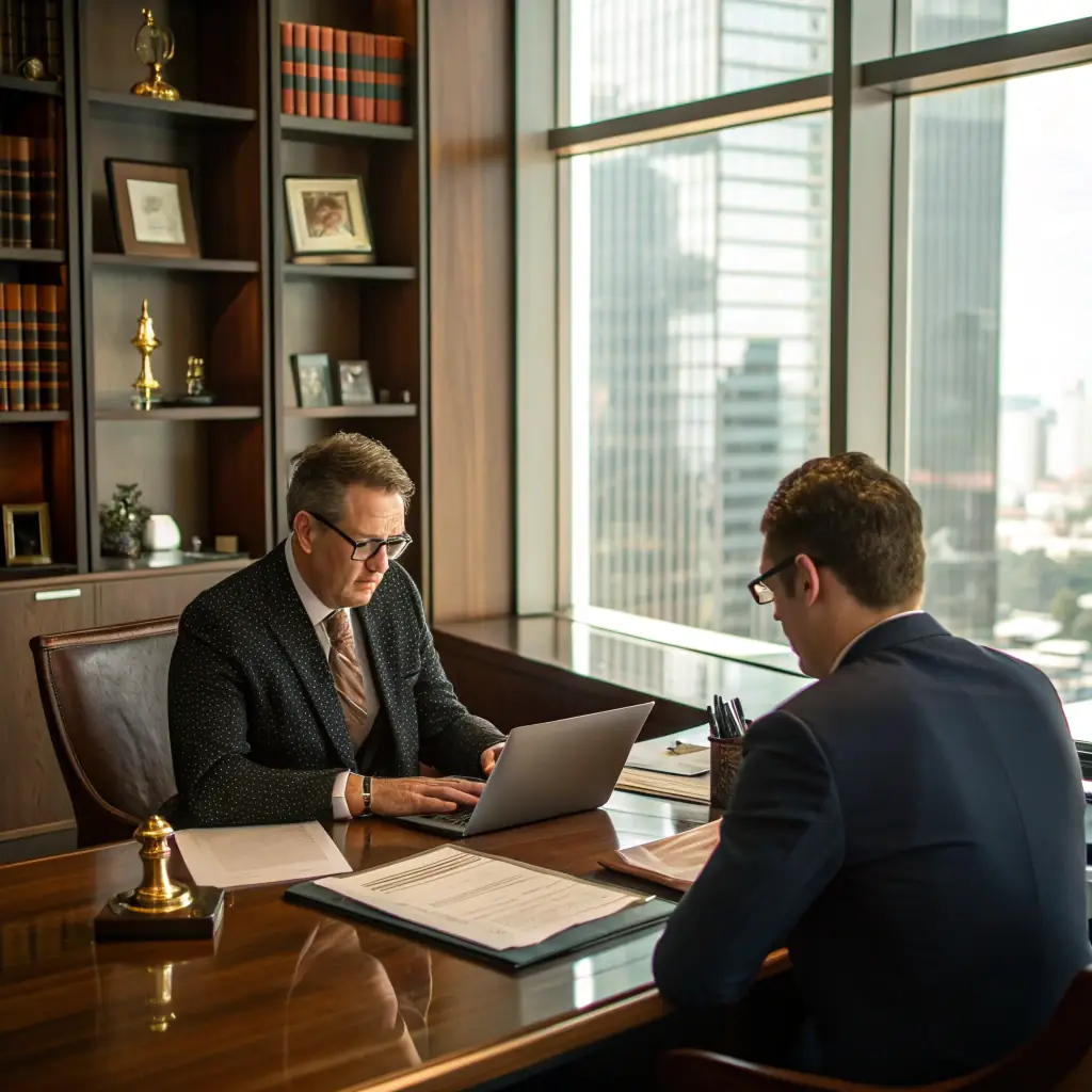 A modern, bright office interior with a friendly mortgage broker assisting a young couple with paperwork at a desk. The atmosphere is welcoming and professional.