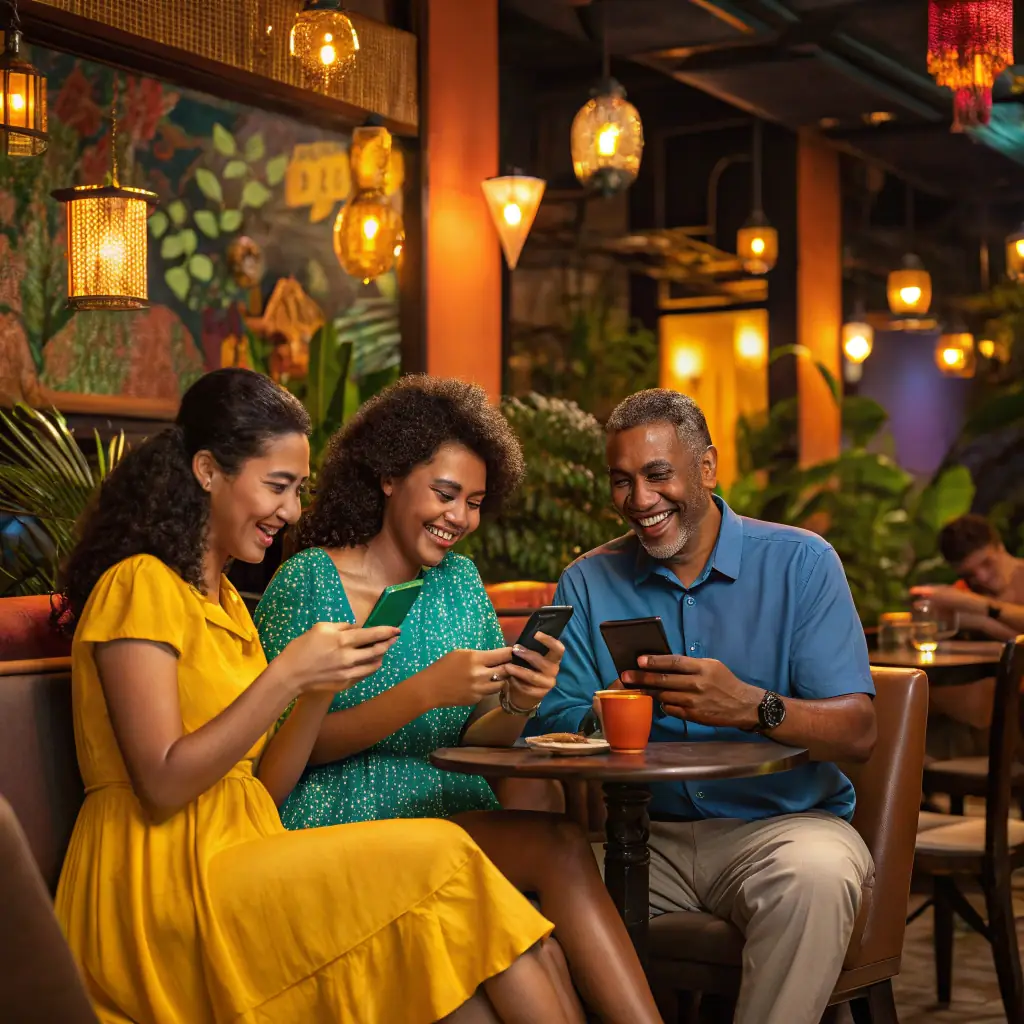An attractive image showcasing a diverse group of fashionably dressed people shopping on a mobile device, with the Myntra logo subtly incorporated in the background. The image should convey a sense of excitement, style, and opportunity for brands.