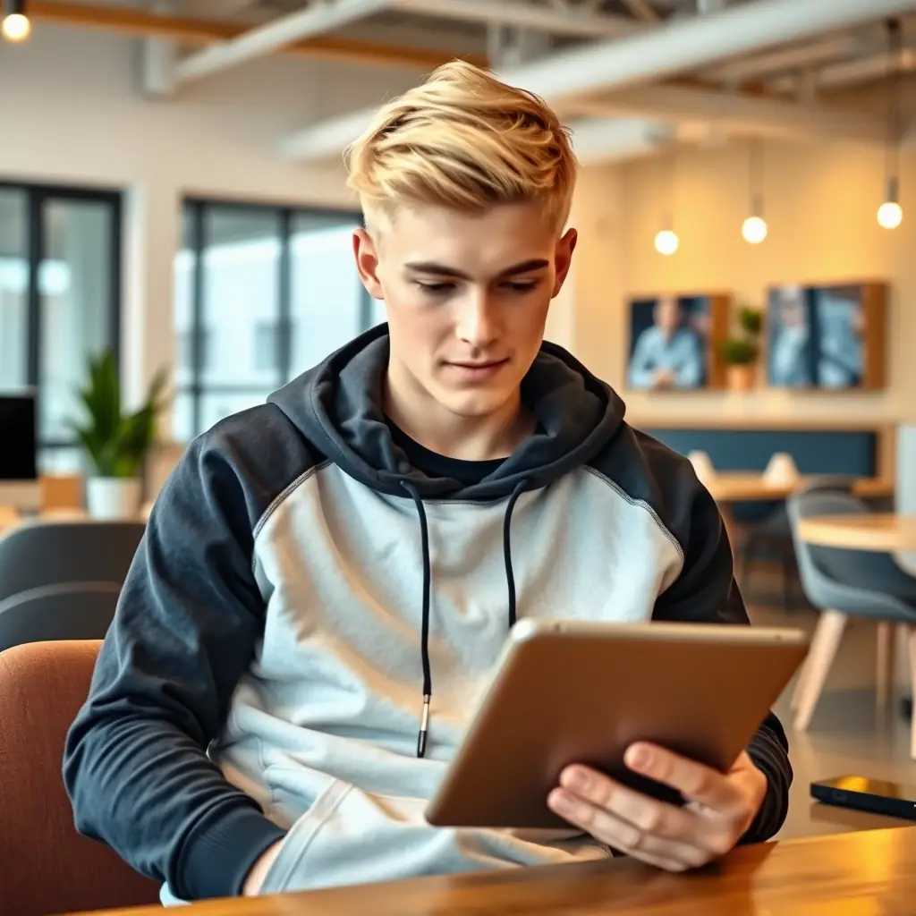 Charlie has blonde hair, a casual style, and a focused gaze.