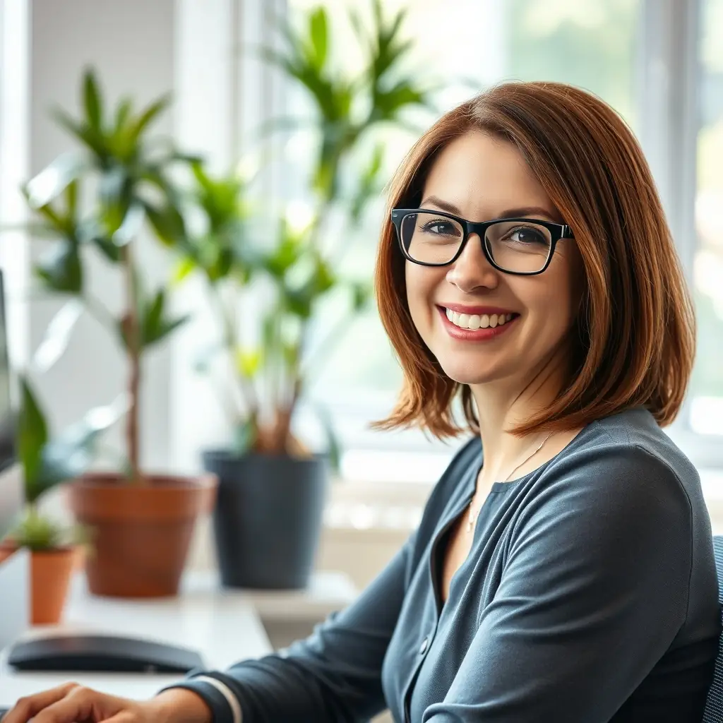 Alice has long brown hair, wears glasses, and has a friendly smile.