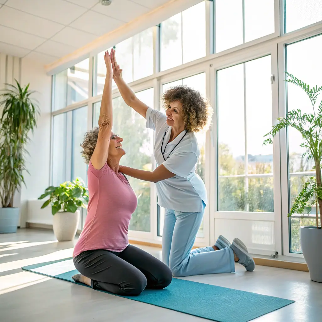 A physiotherapist providing treatment to a patient in their living room, showcasing a comfortable and supportive environment. The patient is smiling, indicating satisfaction with the service.
