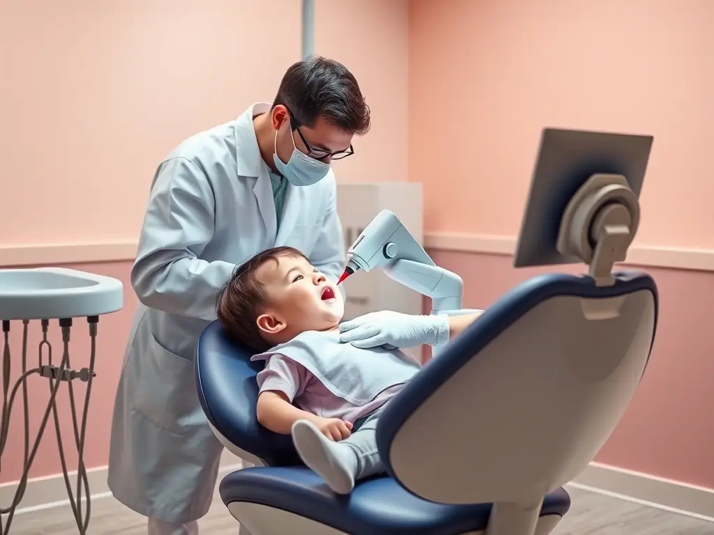A gentle image of a dentist performing a laser frenectomy on a young child, emphasizing the painless and precise nature of the procedure to correct tongue-tie or lip-tie.