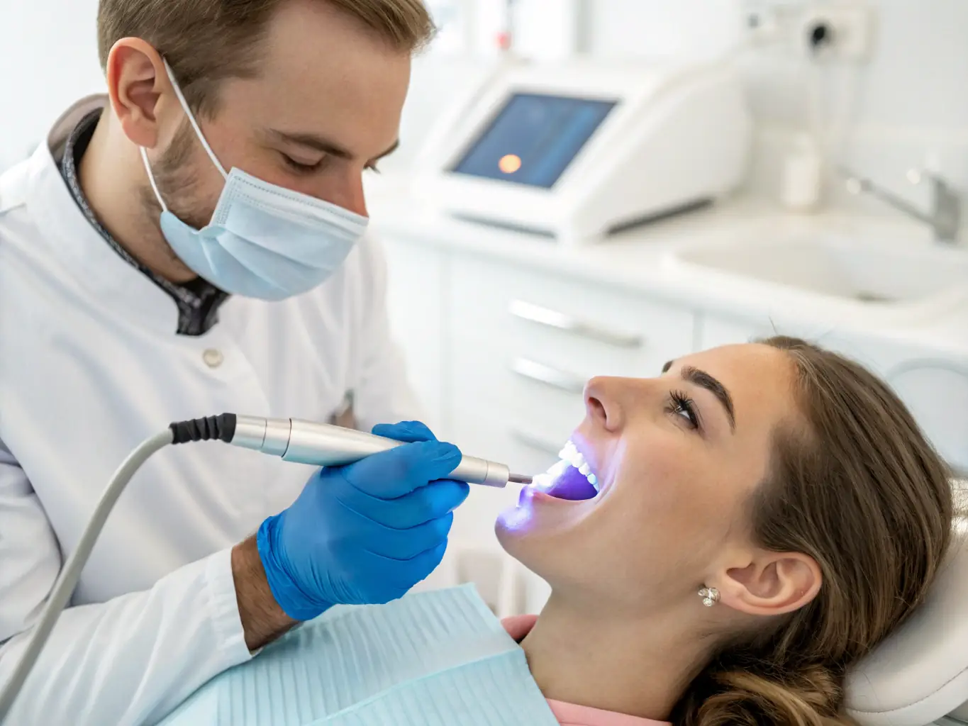 A close-up shot of a dentist using a laser device to precisely treat a patient's gums, highlighting the precision and minimally invasive nature of laser gum treatment.