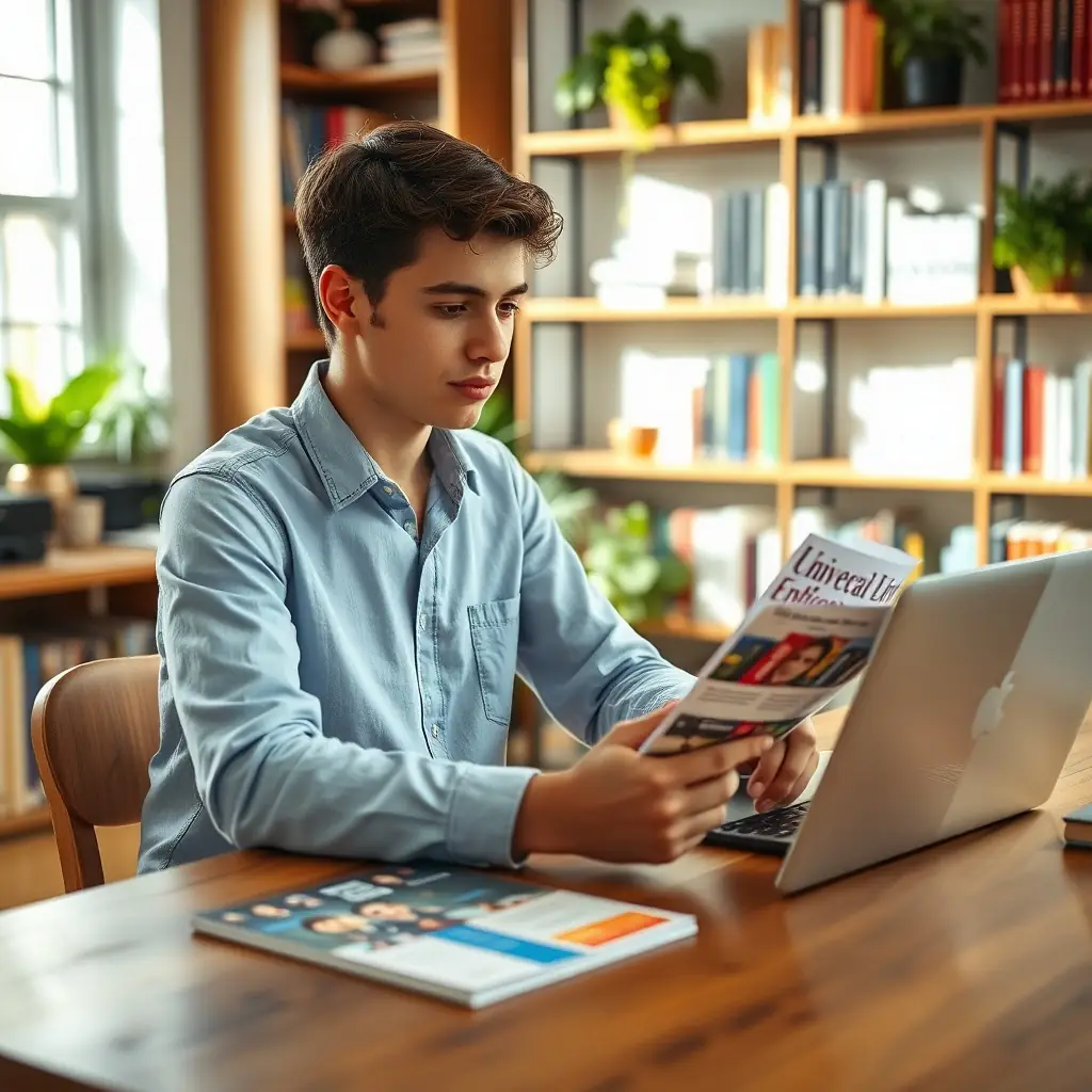 A thoughtful student reviewing university brochures in a cozy study area.
