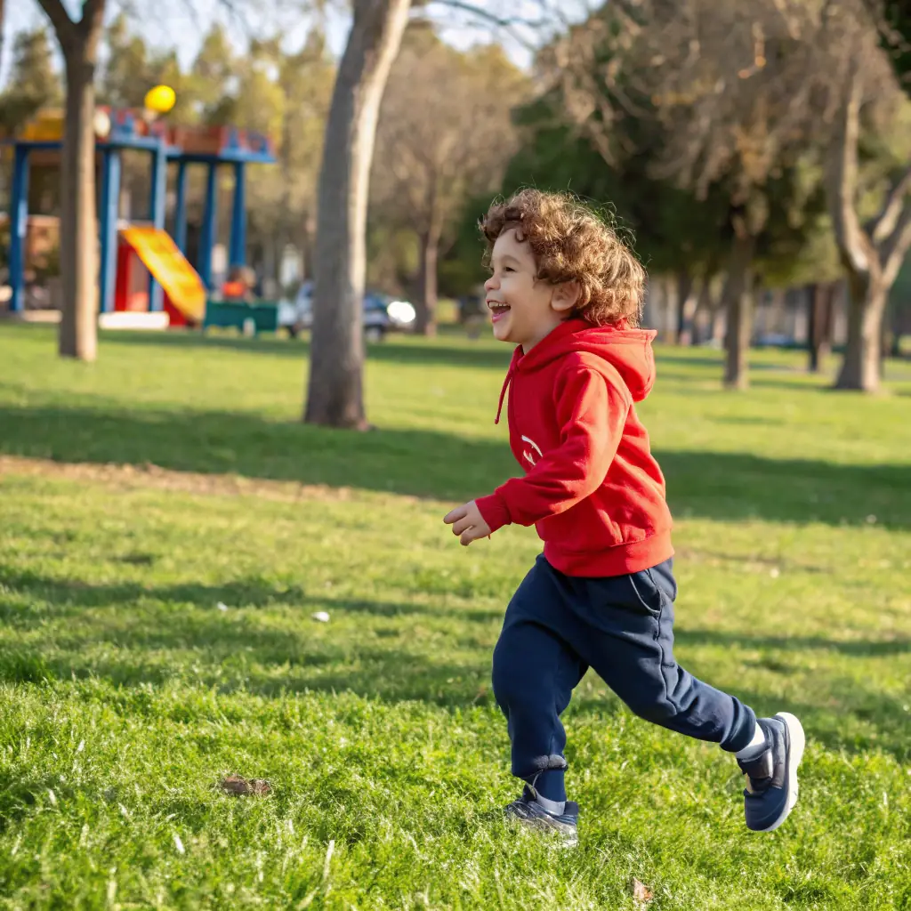 A child with eczema on their face smiling while playing in a park.