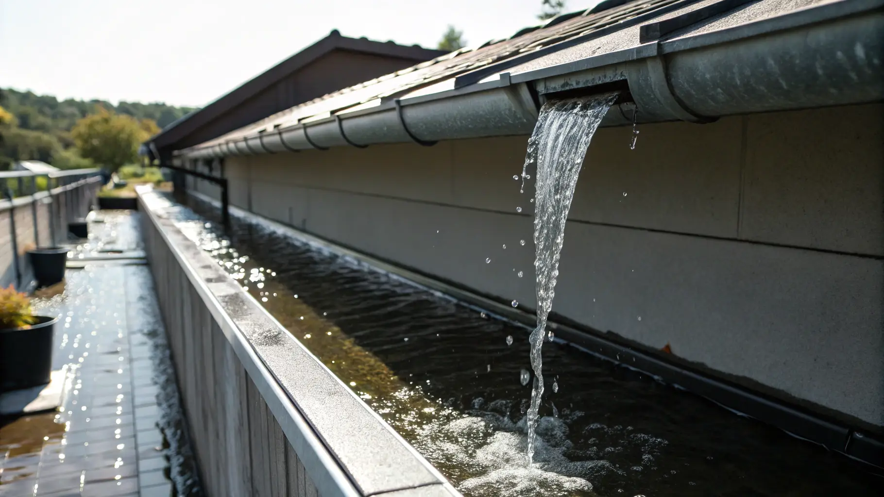 A close-up of a clean roof and gutter system, showcasing the absence of debris and the free flow of water.