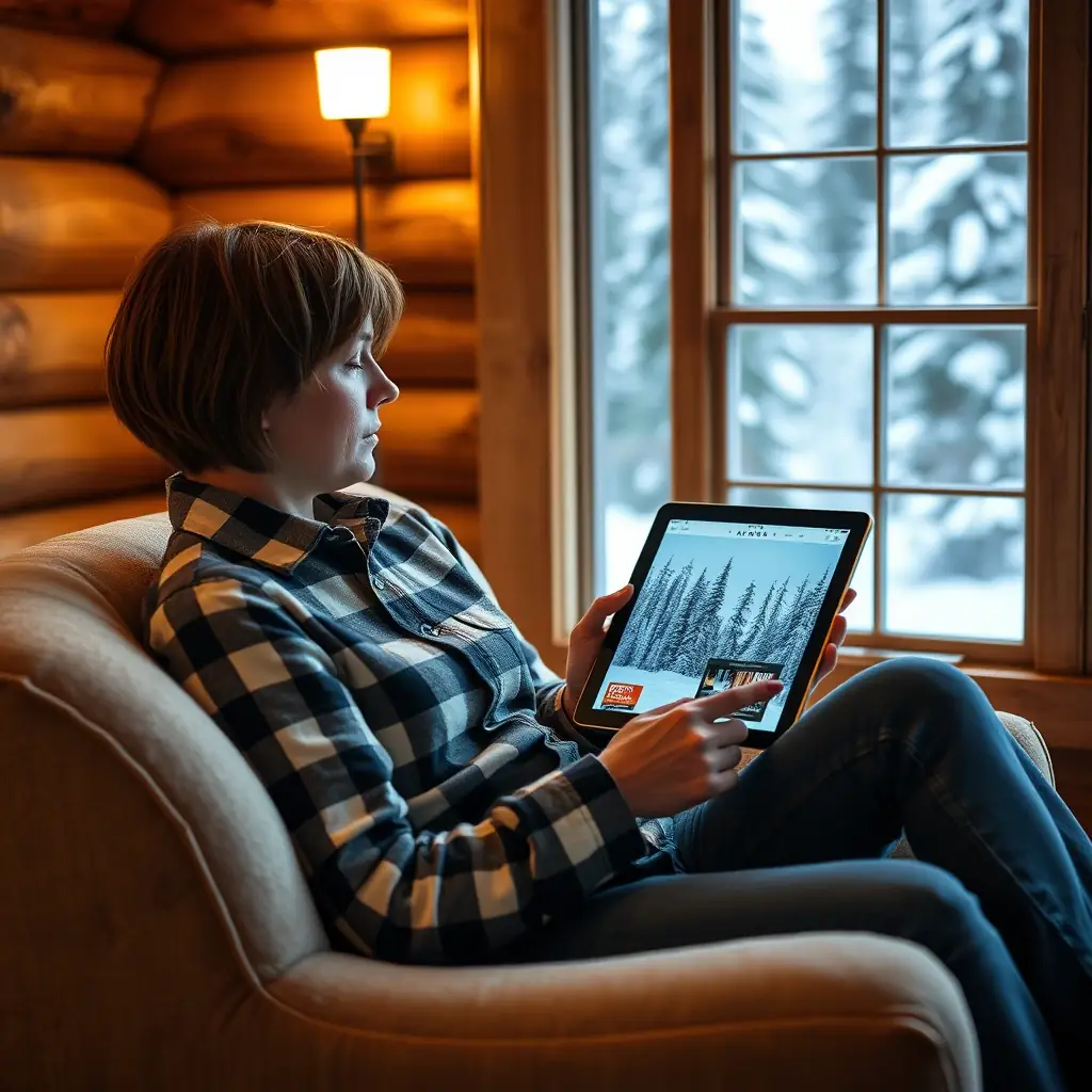 A person comfortably reading a digital magazine on a tablet while sitting in a cozy Alaskan cabin, showcasing the convenience and enjoyment of online reading with Maza.