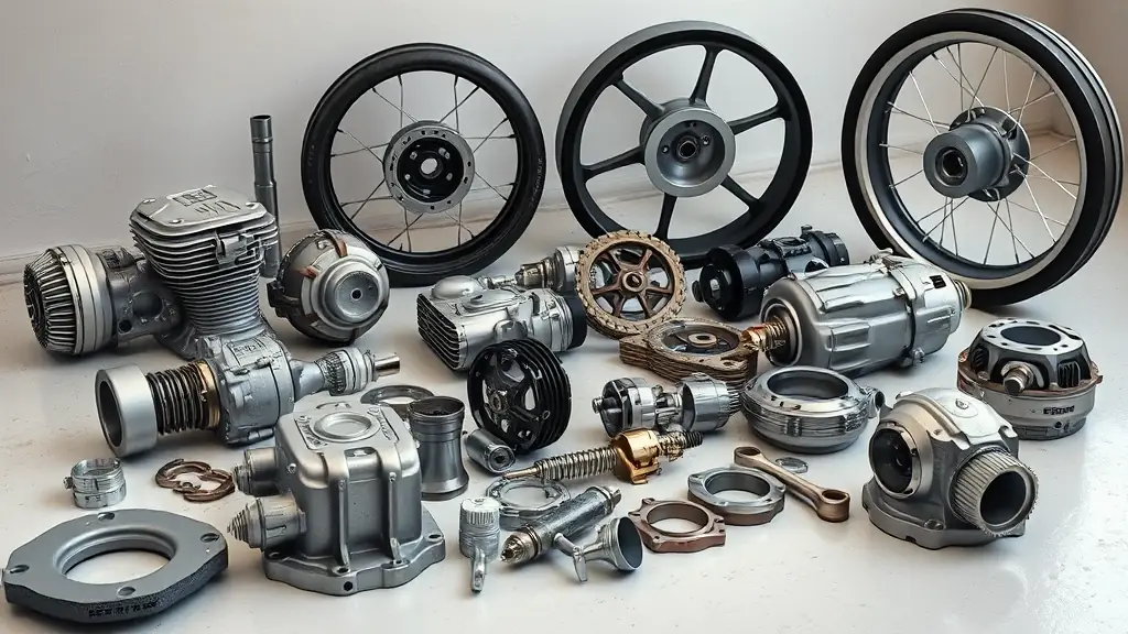 A high-quality, modern image of various motorcycle spare parts (engines, wheels, etc.)