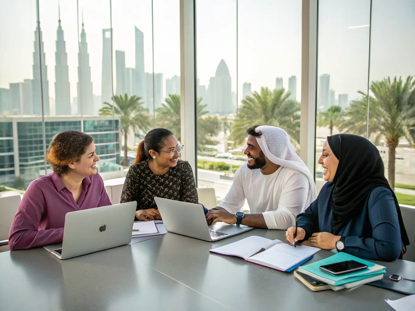 A group of teachers collaborating in a modern classroom setting, with IB curriculum materials visible in the background.