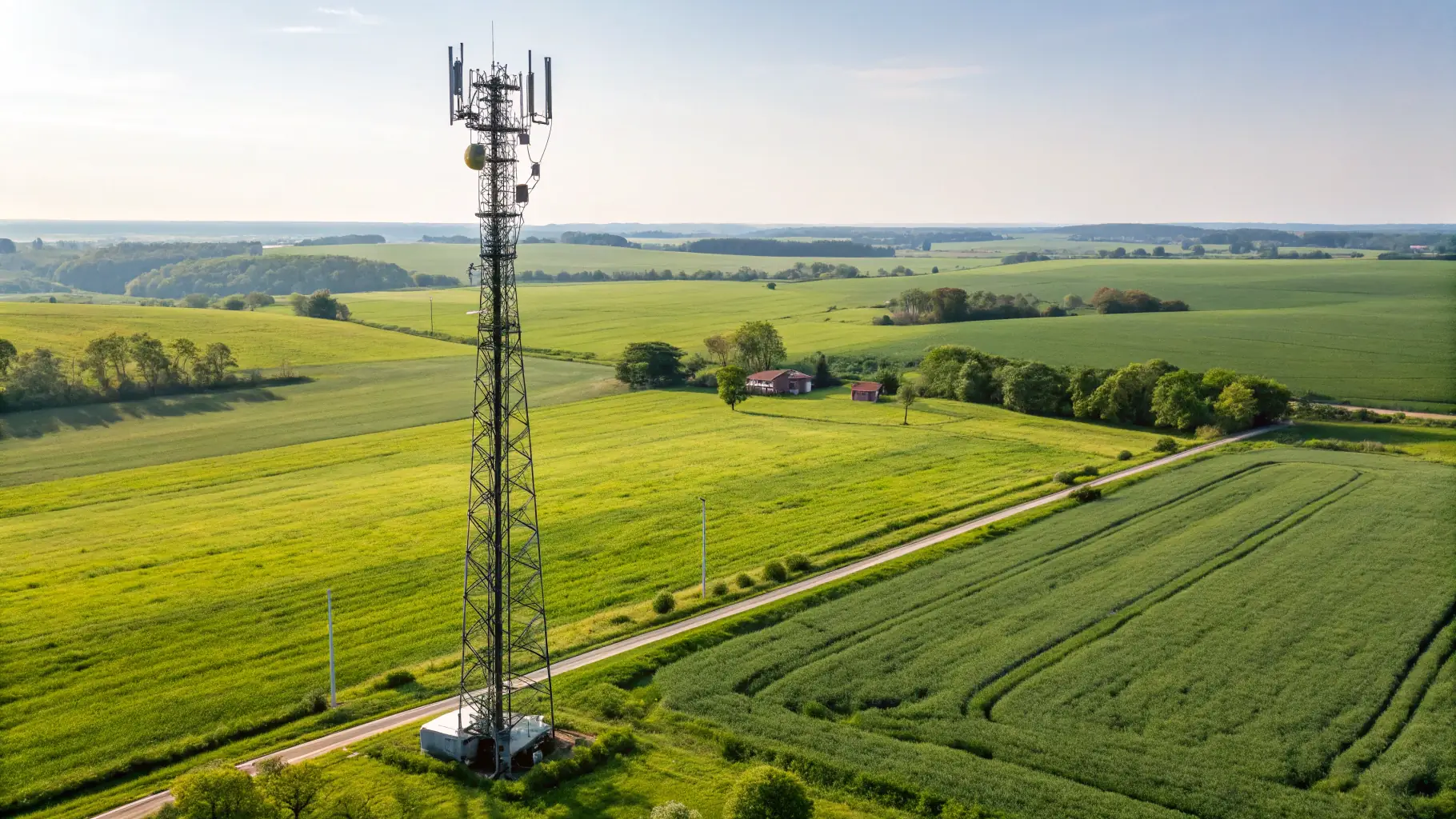 a high-resolution image showcasing a modern telecommunications tower integrated with renewable energy elements, symbolizing connectivity and sustainability