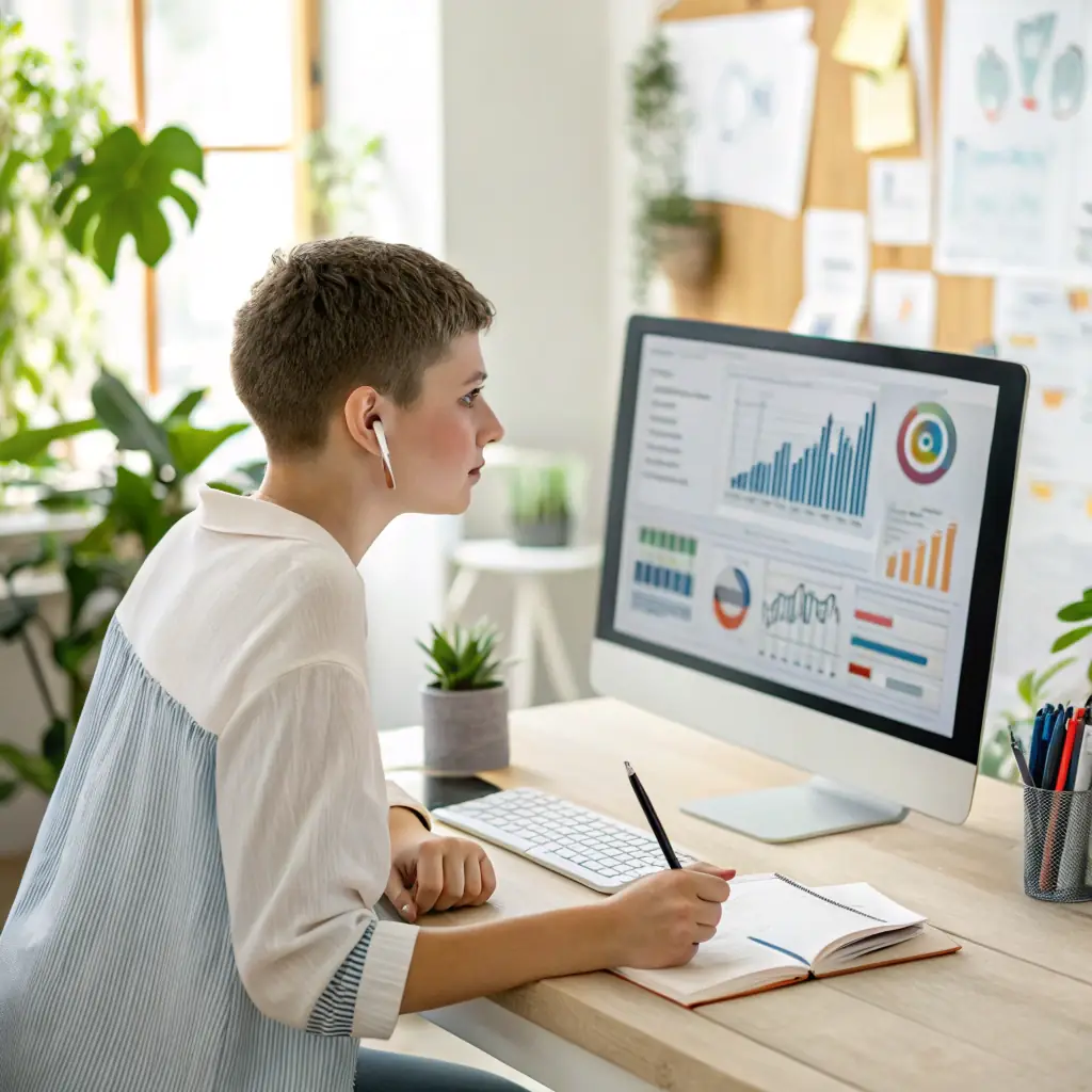 A focused image of a person analyzing Amazon PPC campaign data on a computer screen, highlighting charts and graphs with upward trends, in a modern office setting.