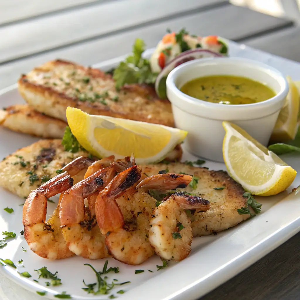 High-resolution image of one-pan lemon garlic shrimp in a skillet, featuring plump shrimp, lemon slices, garlic butter sauce, and fresh parsley. The image should be appetizing and inviting, set on a light wooden or marble surface with bright, warm lighting.