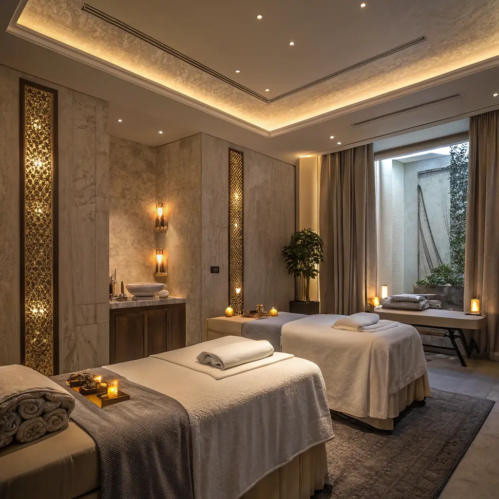 A serene massage setting in a luxurious hotel room in Dubai, featuring soft lighting, a massage table, and a relaxed individual receiving a massage from a professional therapist.
Outcall Massage Dubai