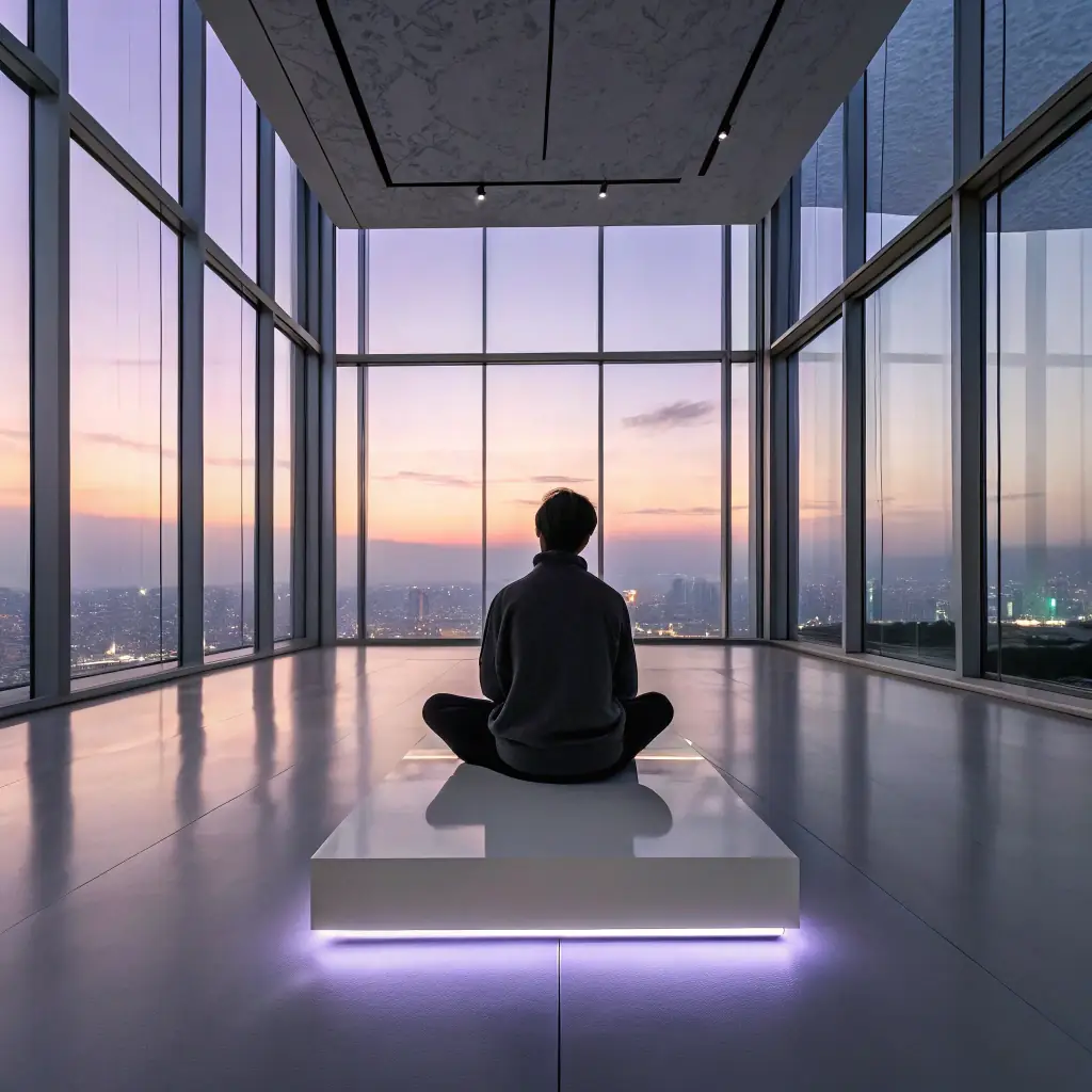 A serene image of a person meditating in a technologically advanced wellness center, surrounded by soft, ambient lighting and futuristic interfaces displaying personalized wellness data.