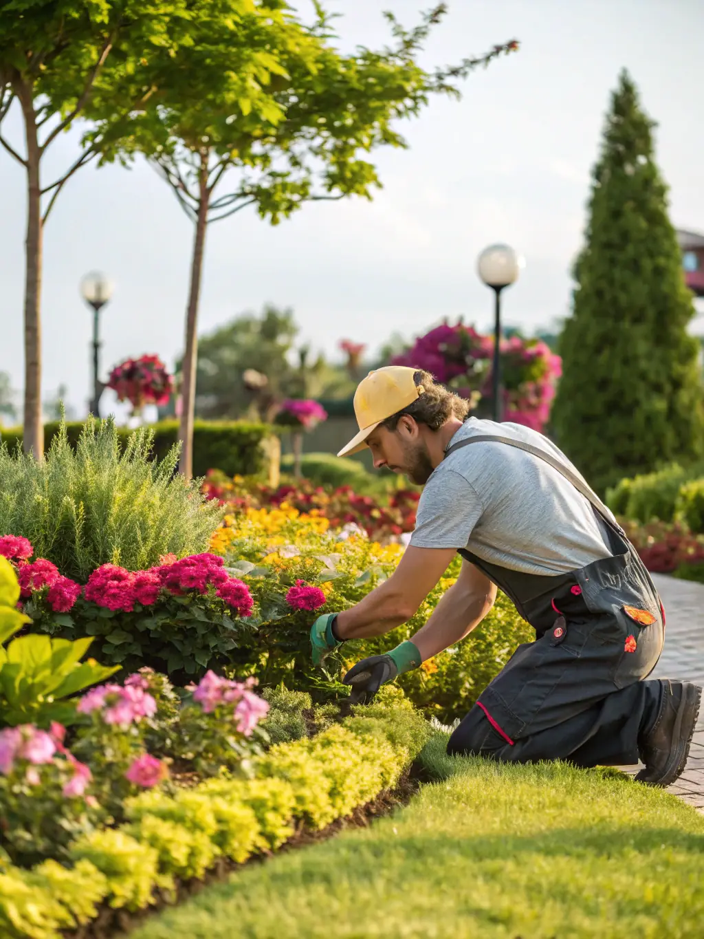 A landscaper maintaining a lush garden, illustrating Trustpoint's landscaping partnership for maintenance and new landscape areas.