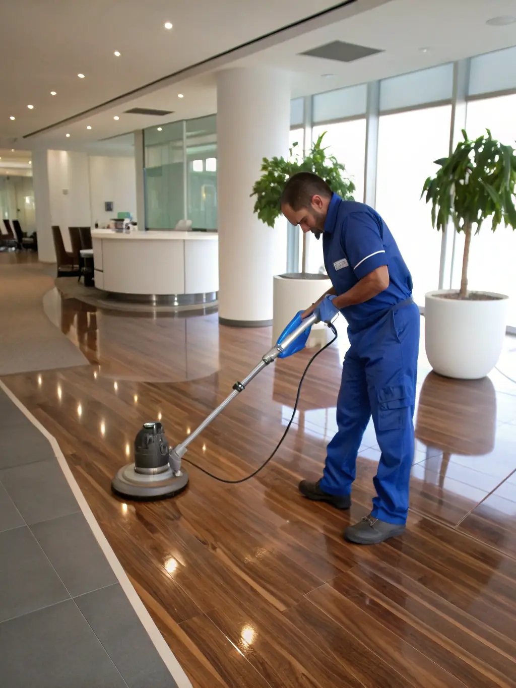 A janitorial worker cleaning an office space, representing Trustpoint's janitorial partnership for residential and commercial cleaning.