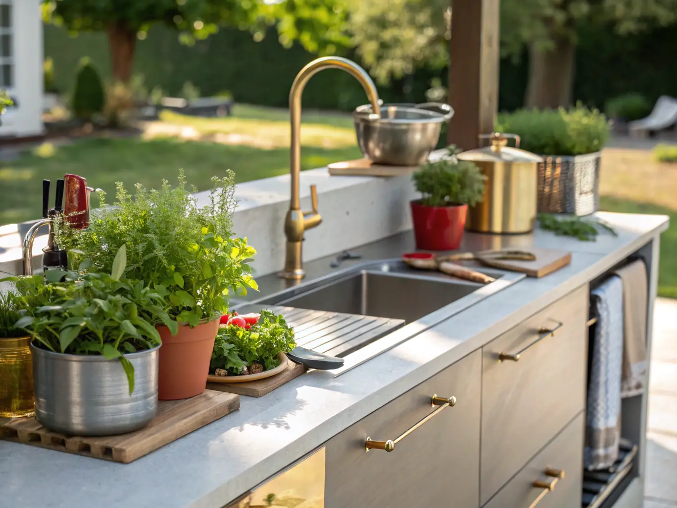 A vibrant image of a remodeled outdoor kitchen in Sarasota, FL, featuring modern appliances, sleek countertops, and comfortable seating. The kitchen is surrounded by lush landscaping, creating an inviting atmosphere.
