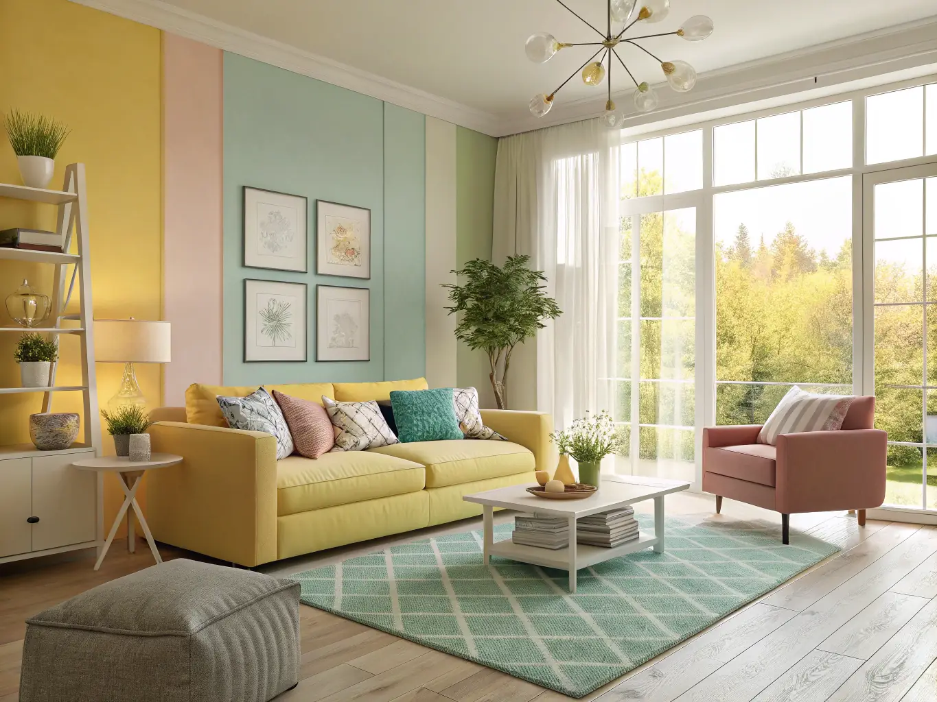 En modern illustration av ett hem med installerad komfortkyla, som visar en inomhusklimatanläggning i ett stilrent hemmiljö, för att visualisera komfortkyla för svenska hem.