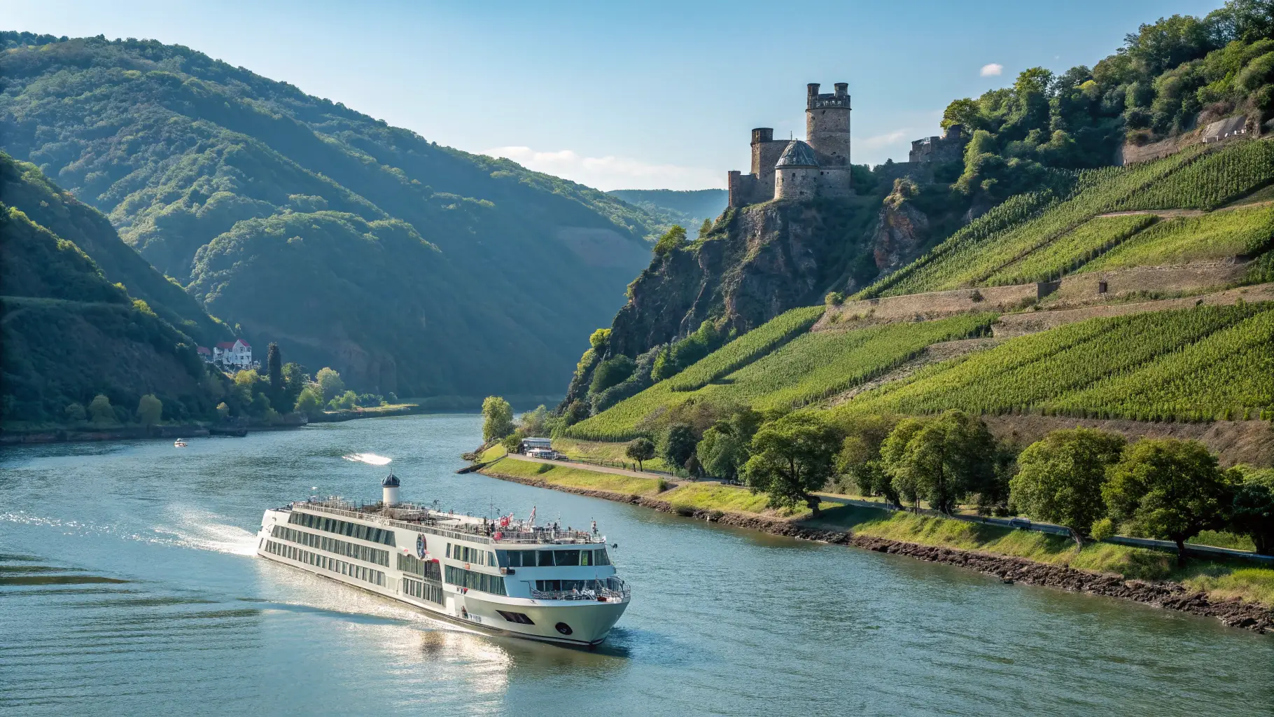 A scenic European river cruise, passing by a historic château and lush vineyards on a sunny day.