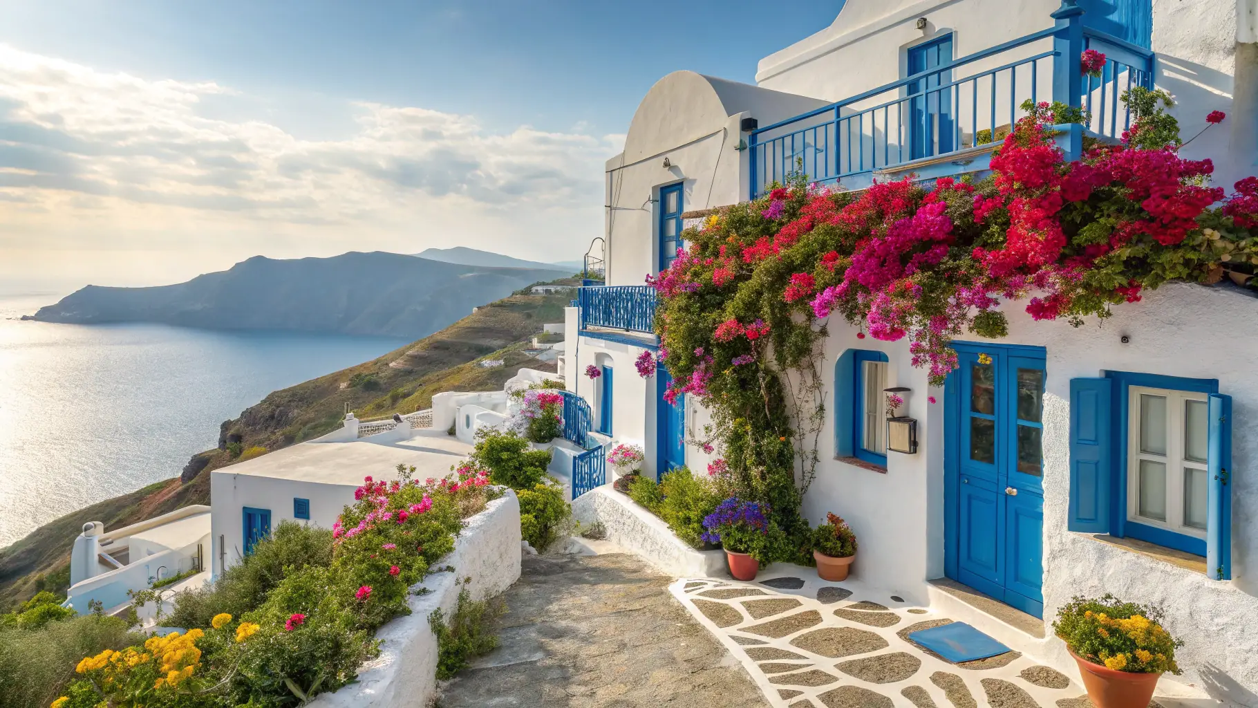A picturesque view of Santorini, with its iconic white buildings, blue domes, and the Aegean Sea stretching to the horizon.