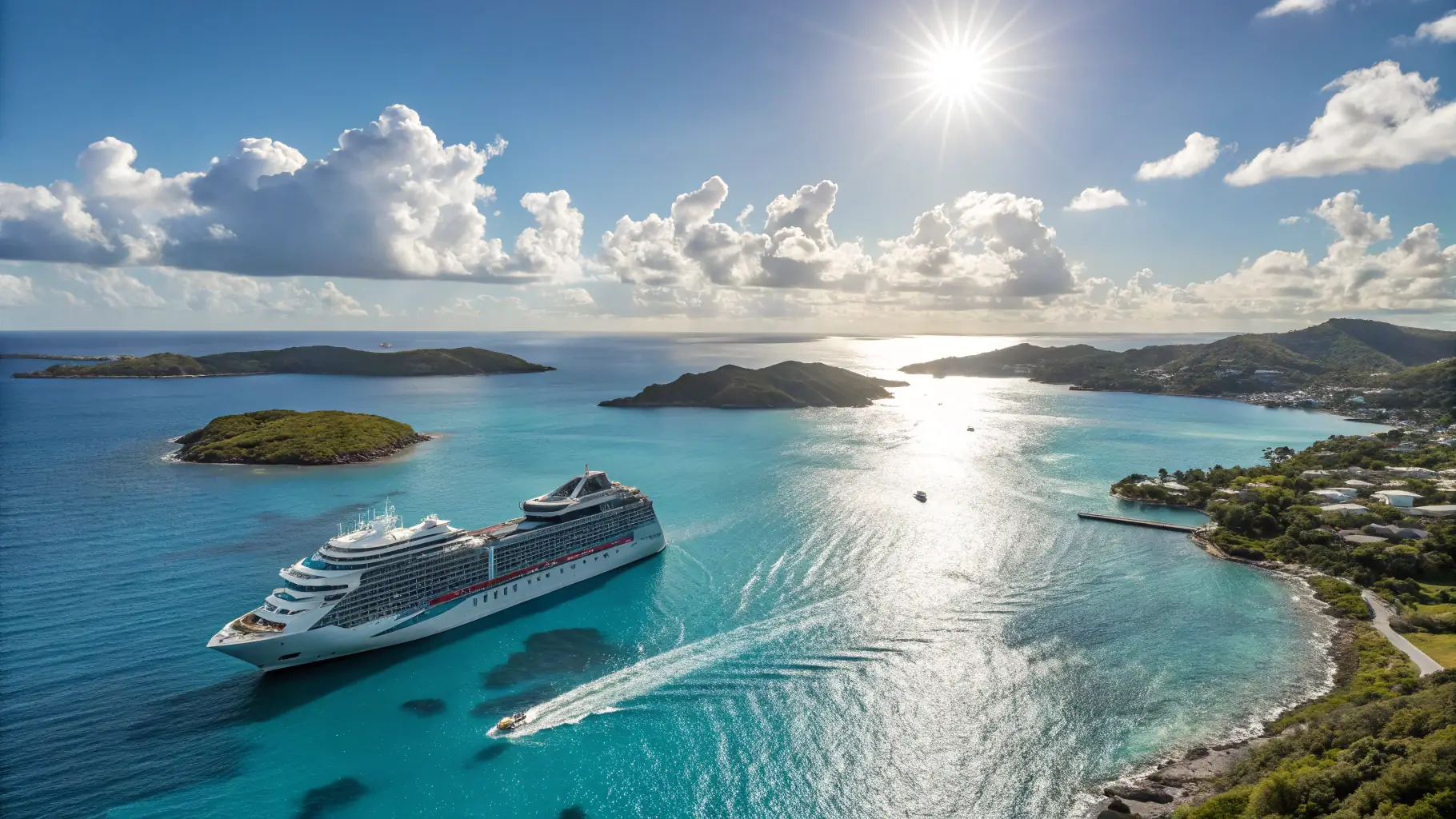A vast expanse of the Atlantic Ocean under a clear sky, with a cruise ship sailing towards the horizon.