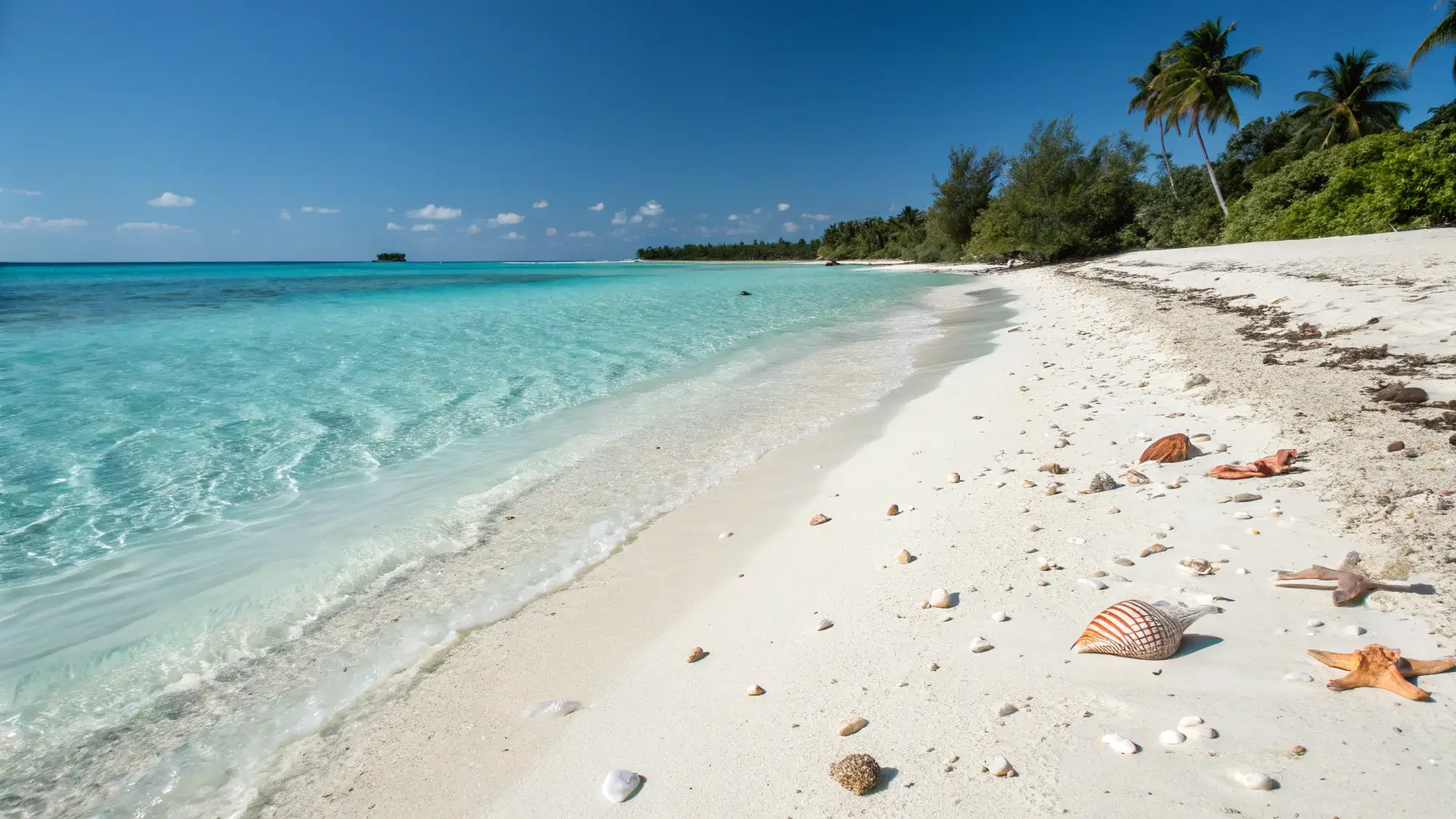 A serene Caribbean beach with turquoise water, white sand, and swaying palm trees under a clear blue sky.