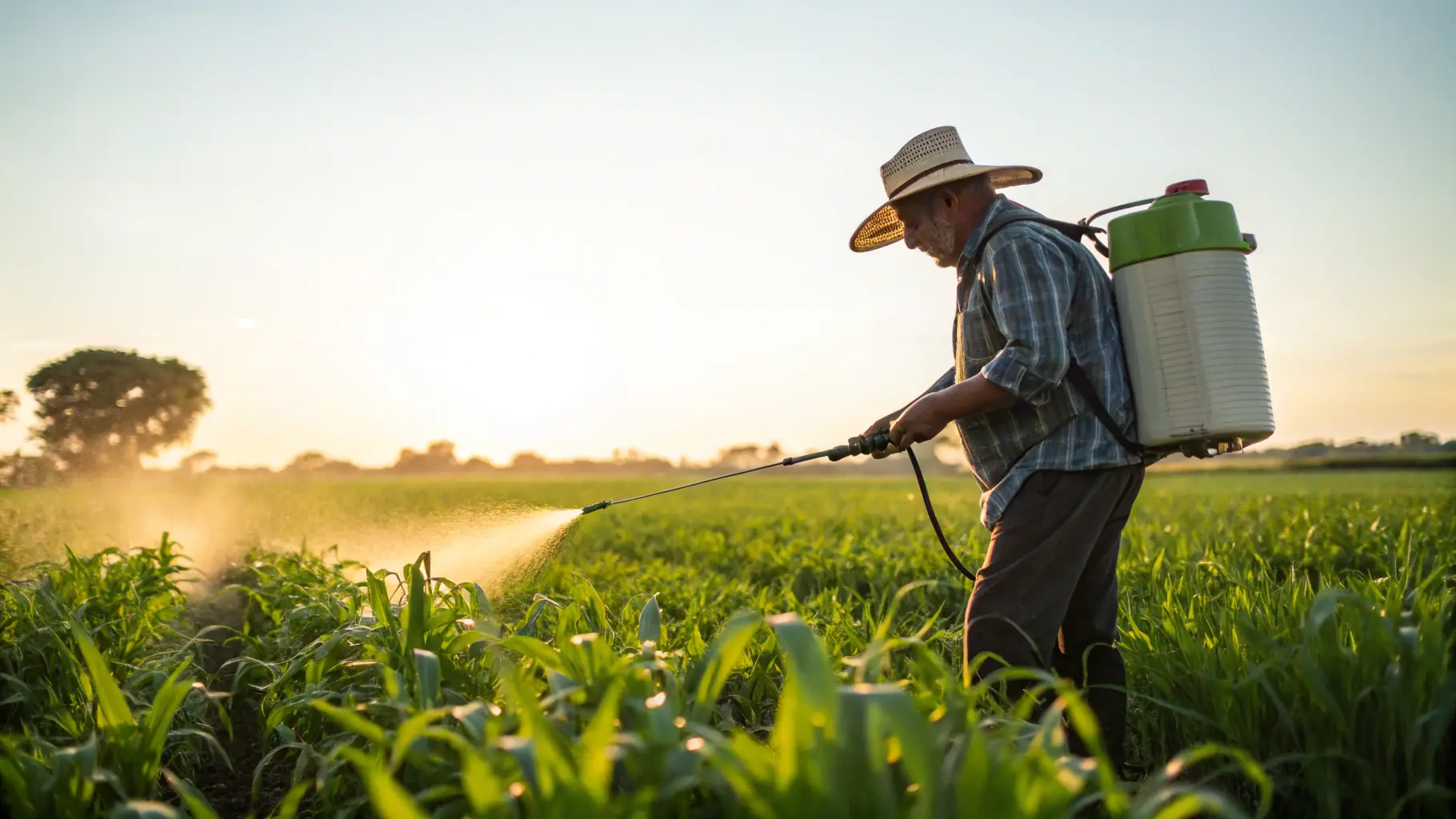 A farmer spraying crops with a tractor, using adjuvants and activators to improve the effectiveness of the spray.
