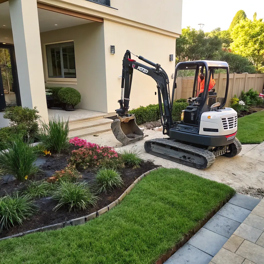 An excavator digging a trench in a garden, with a worker nearby overseeing the operation. The garden is lush and green, suggesting a well-maintained space.