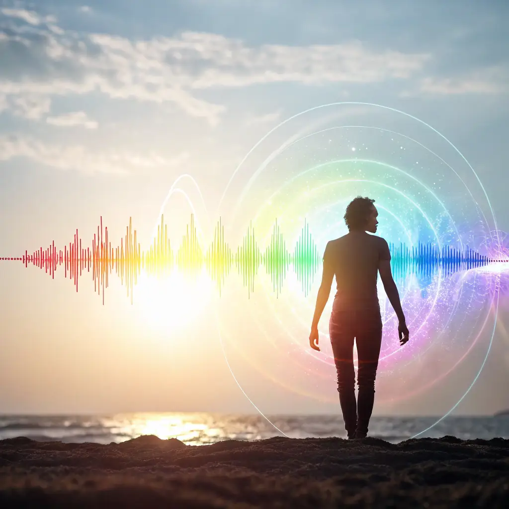 an abstract illustration of electromagnetic waves resonating within a human body, representing biorezonance technology, in a modern digital art style, with a calming color palette of #1a5632 and #c0dcb1, suitable for a header image on a health tech website