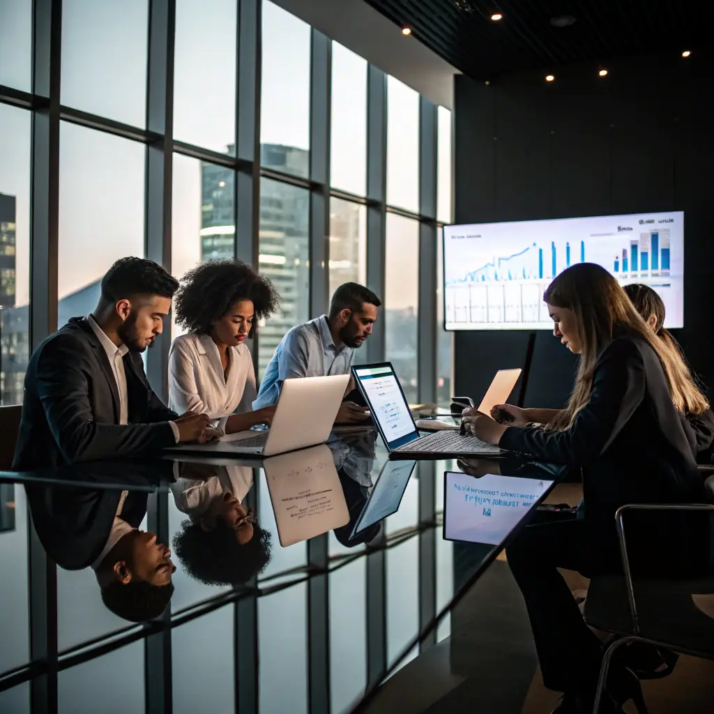 A vibrant team collaborating in a modern office space, showcasing creative work and digital branding elements